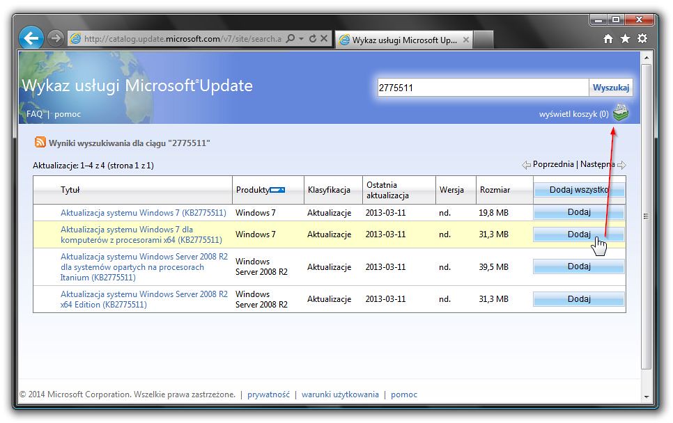 Lista aktualizacji w witrynie Windows Update