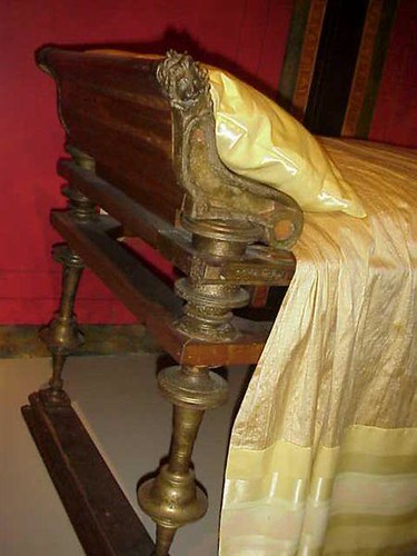 Closeup of Roman dining couch (lectus) made of wood with bronze adornments 1st century BCE