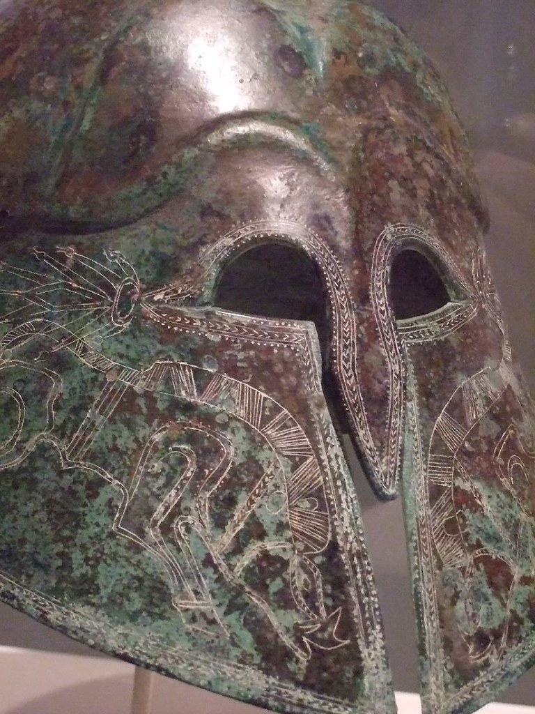 Corinthian-style Etruscan helmet incised with images of boars Bronze 5th century BCE (1)