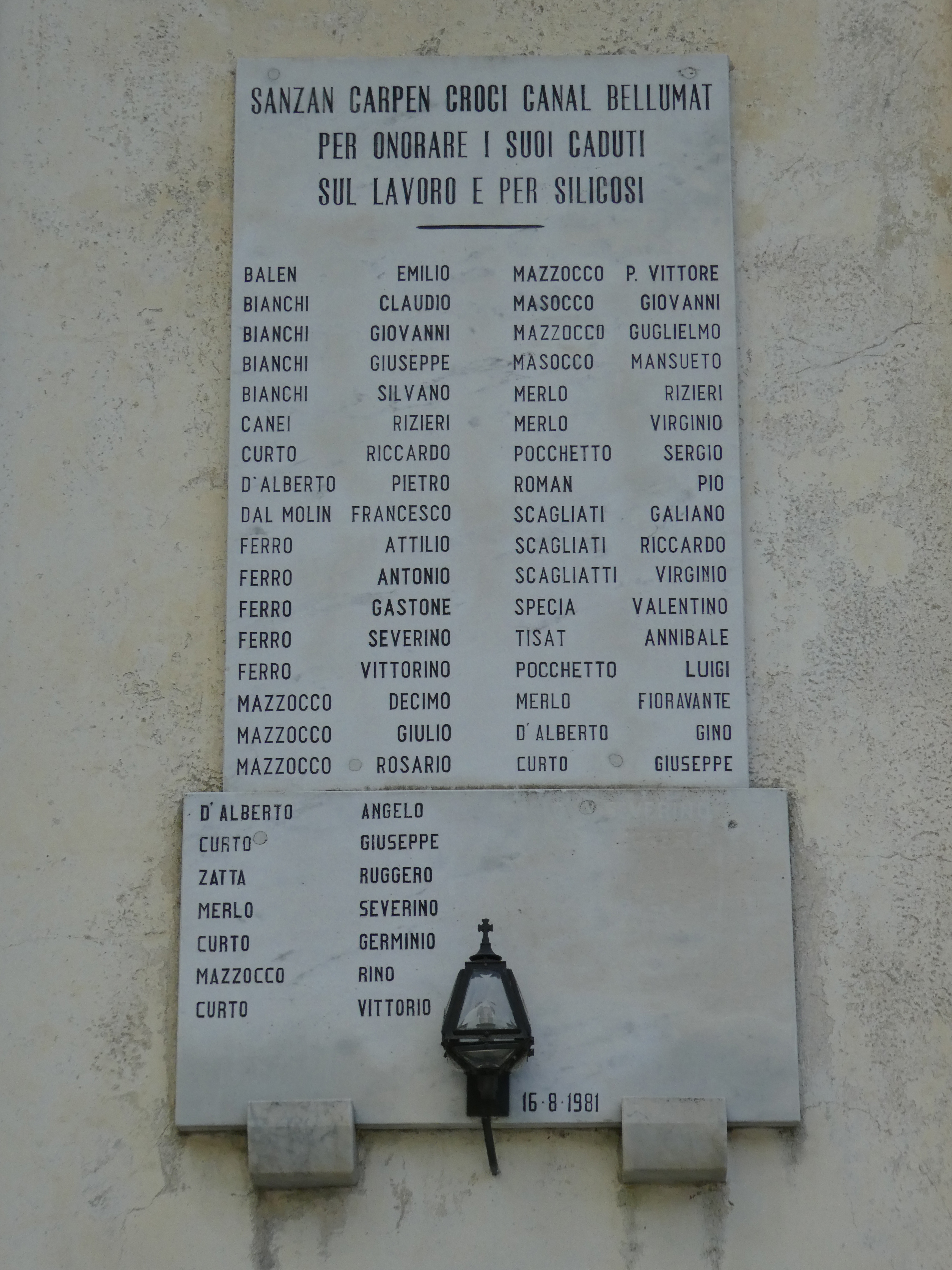 Sanzan, chiesa di San Giovanni Battista - Lapide ai caduti sul lavoro e per silicosi