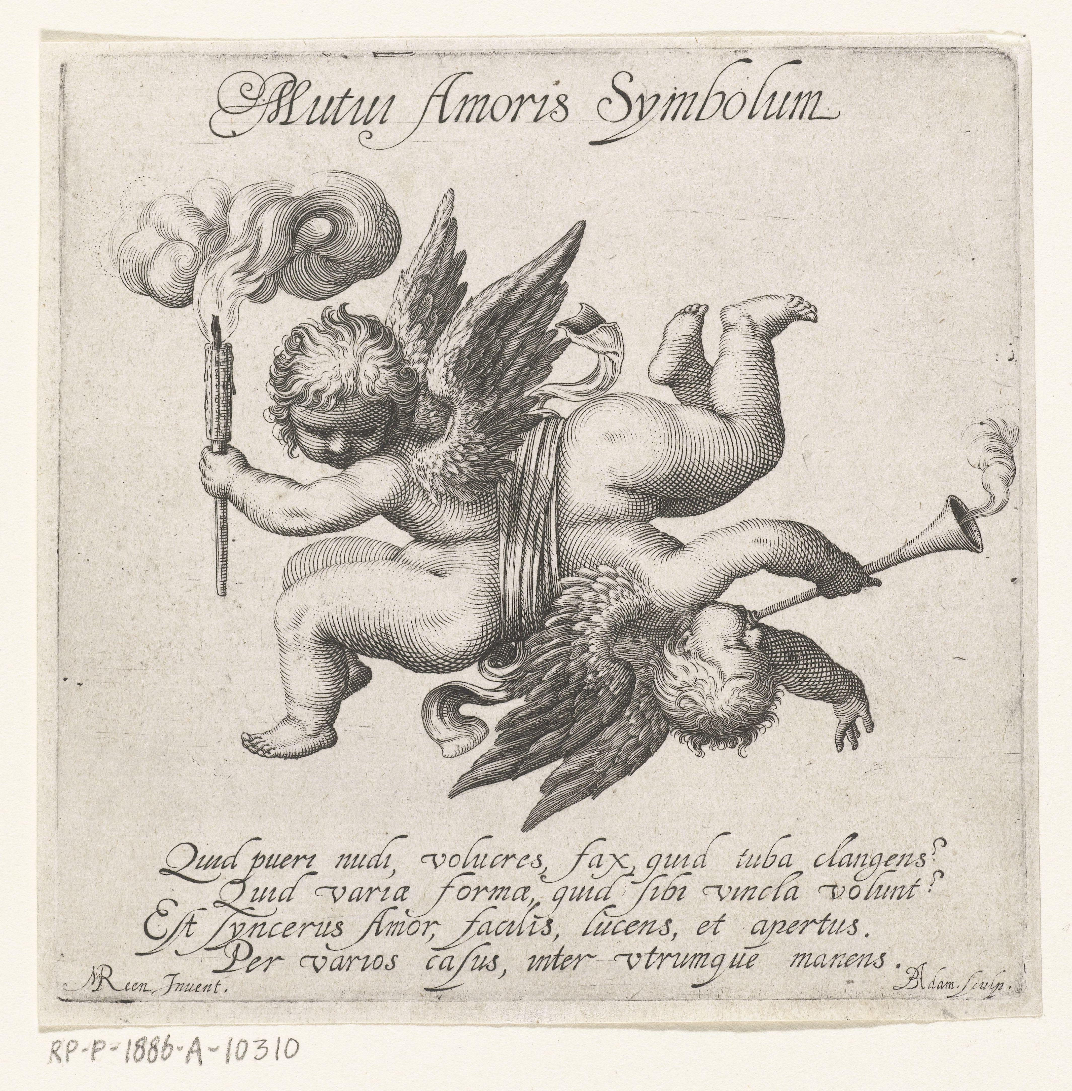 Twee liefdesgodjes (Amor) door een lint met elkaar verbonden Mutui Amoris Symbolum (titel op object), RP-P-1886-A-10310