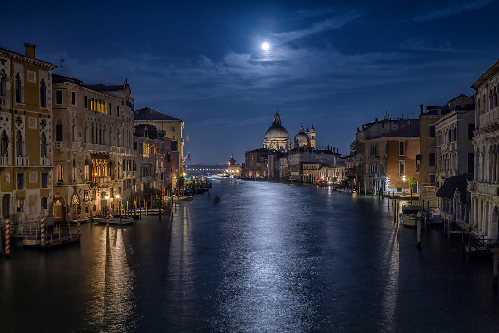 Moon over Santa Maria della Salute Church from the Accademia Bridge, Venice Italy